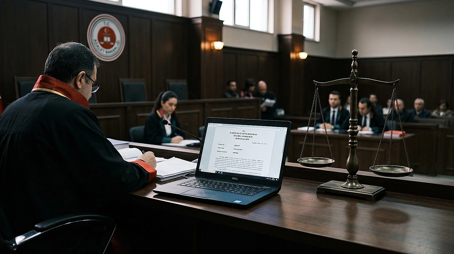Mahkeme salonunda duruşma tutanağının delil değerini simgeleyen görsel.
