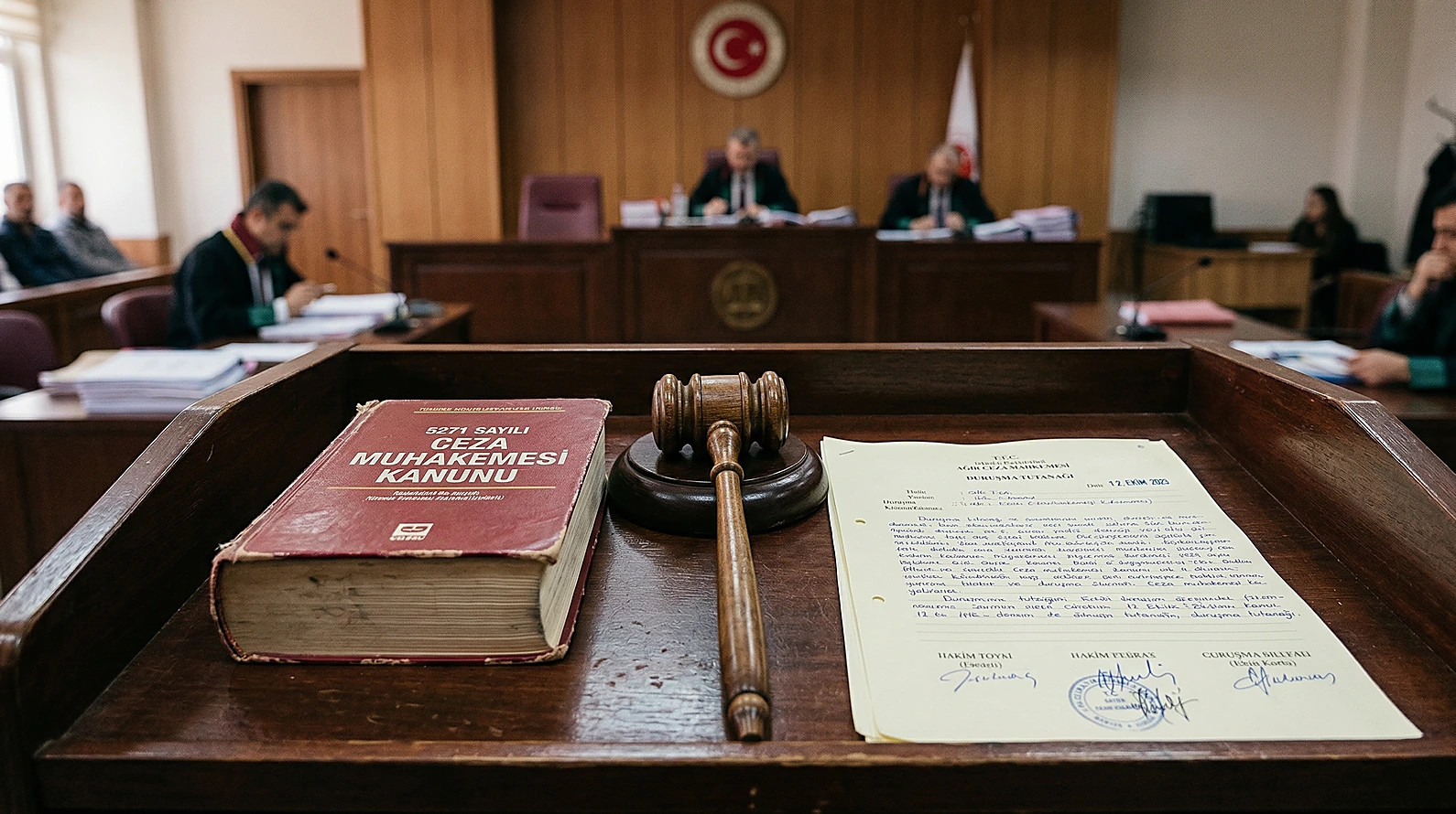 Mahkeme heyeti masasında CMK kanun kitabı ve duruşma tutanağı görseli.