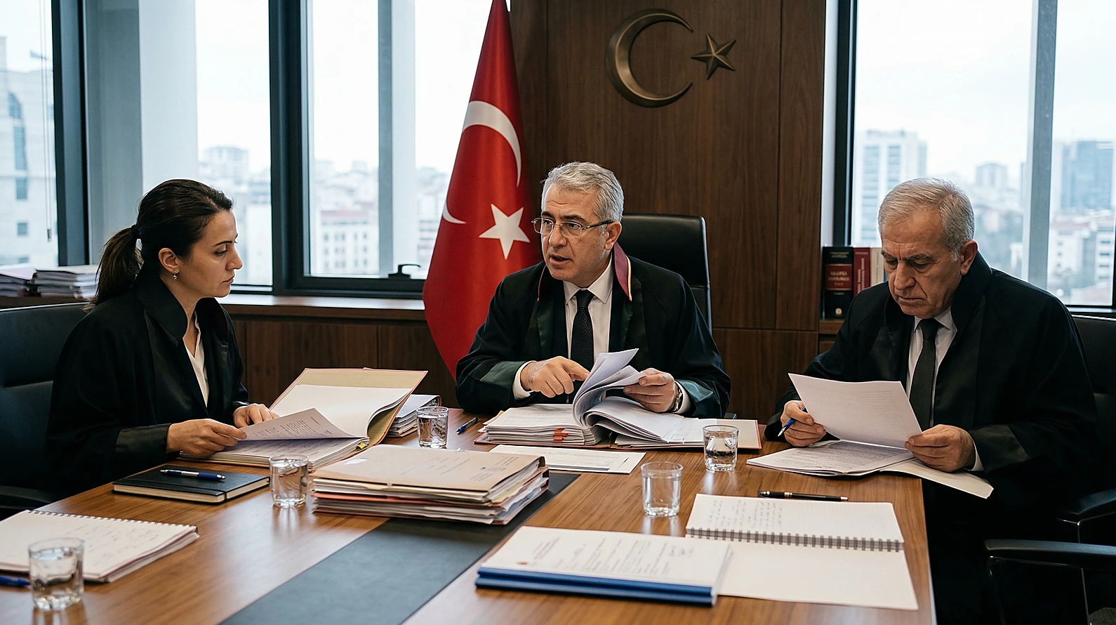 Mahkeme heyeti müzakere odasında dosyaları incelerken teknik bir tartışma yürütüyor.