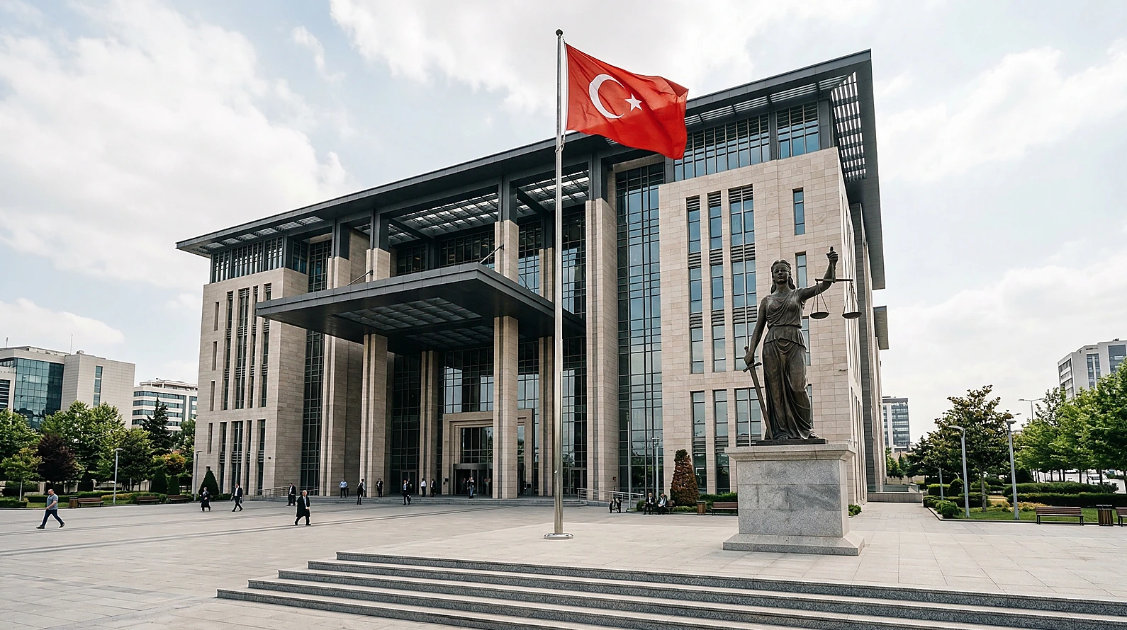 Adliye binası ve ağır ceza mahkemelerini temsil eden dış çekim.