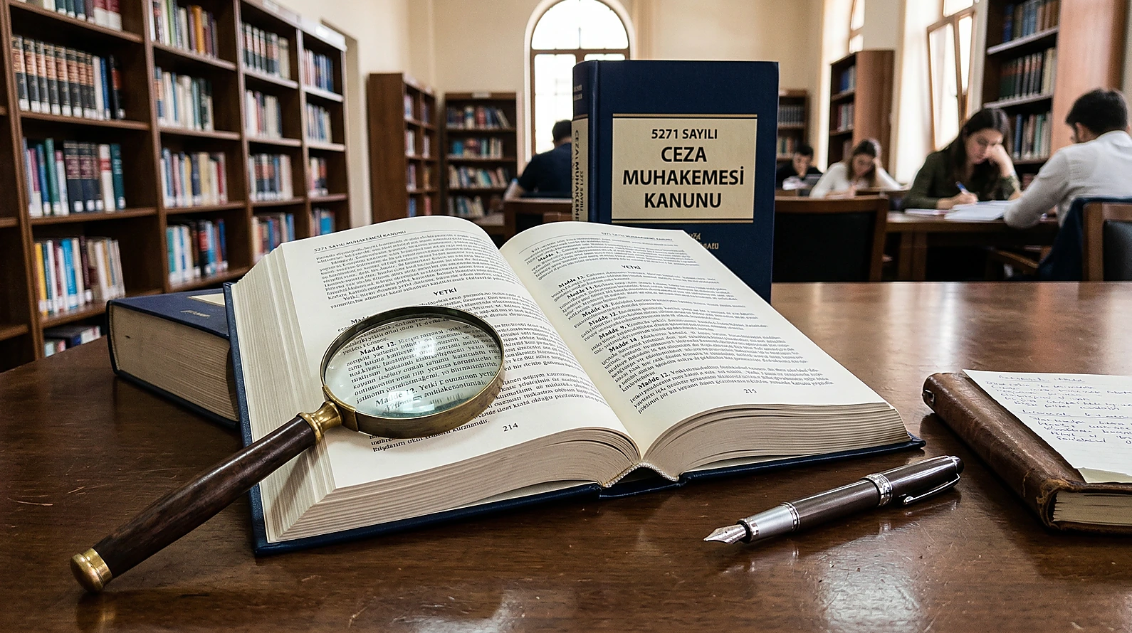 CMK m. 14 yetki hiyerarşisini simgeleyen kanun kitabı ve kalem.