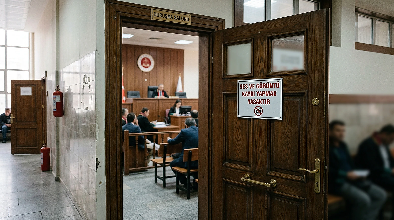 Duruşma salonu girişindeki kayıt yasağı tabelası ve mahkeme kapısı.