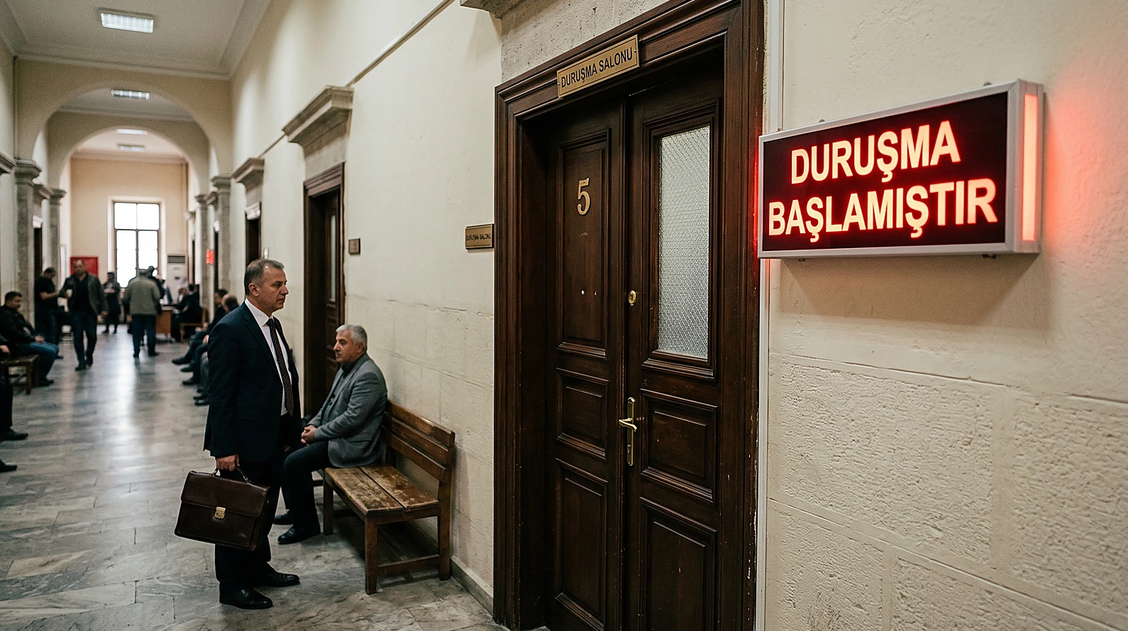 Mahkeme salonu girişinde duruşma aleniyetini ve kapalılık yönetimini temsil eden görünüm.