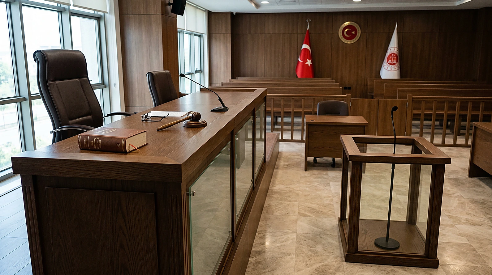 Disiplin hapsi ve yargılama usulünü simgeleyen mahkeme salonu detayı.