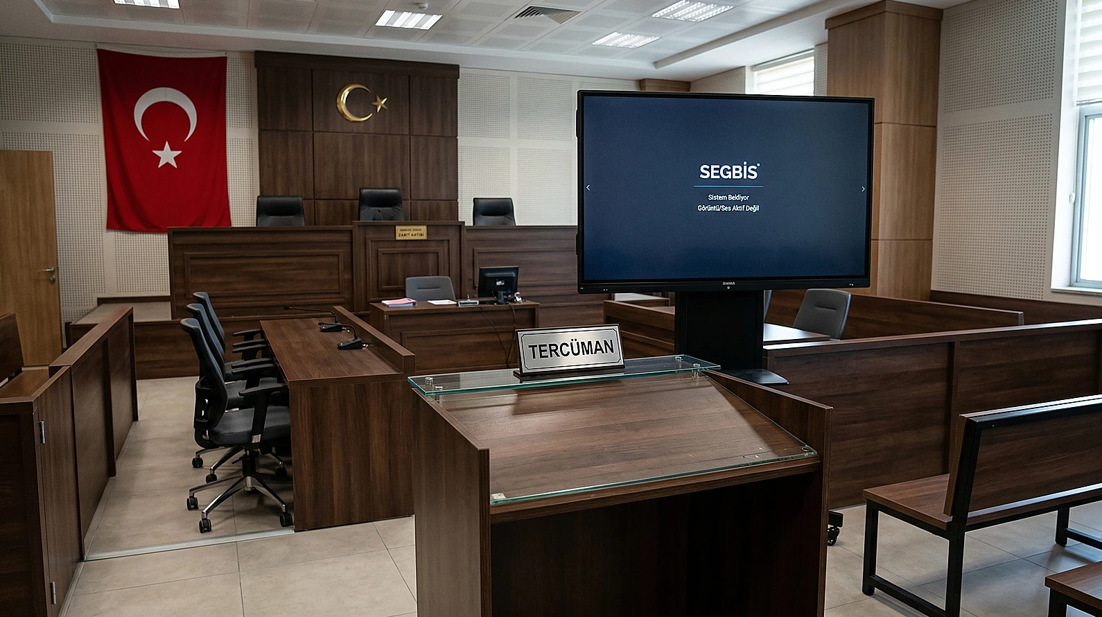 Mahkeme salonunda tercüman görevlendirilmesi ve usul kurallarını simgeleyen profesyonel görsel.