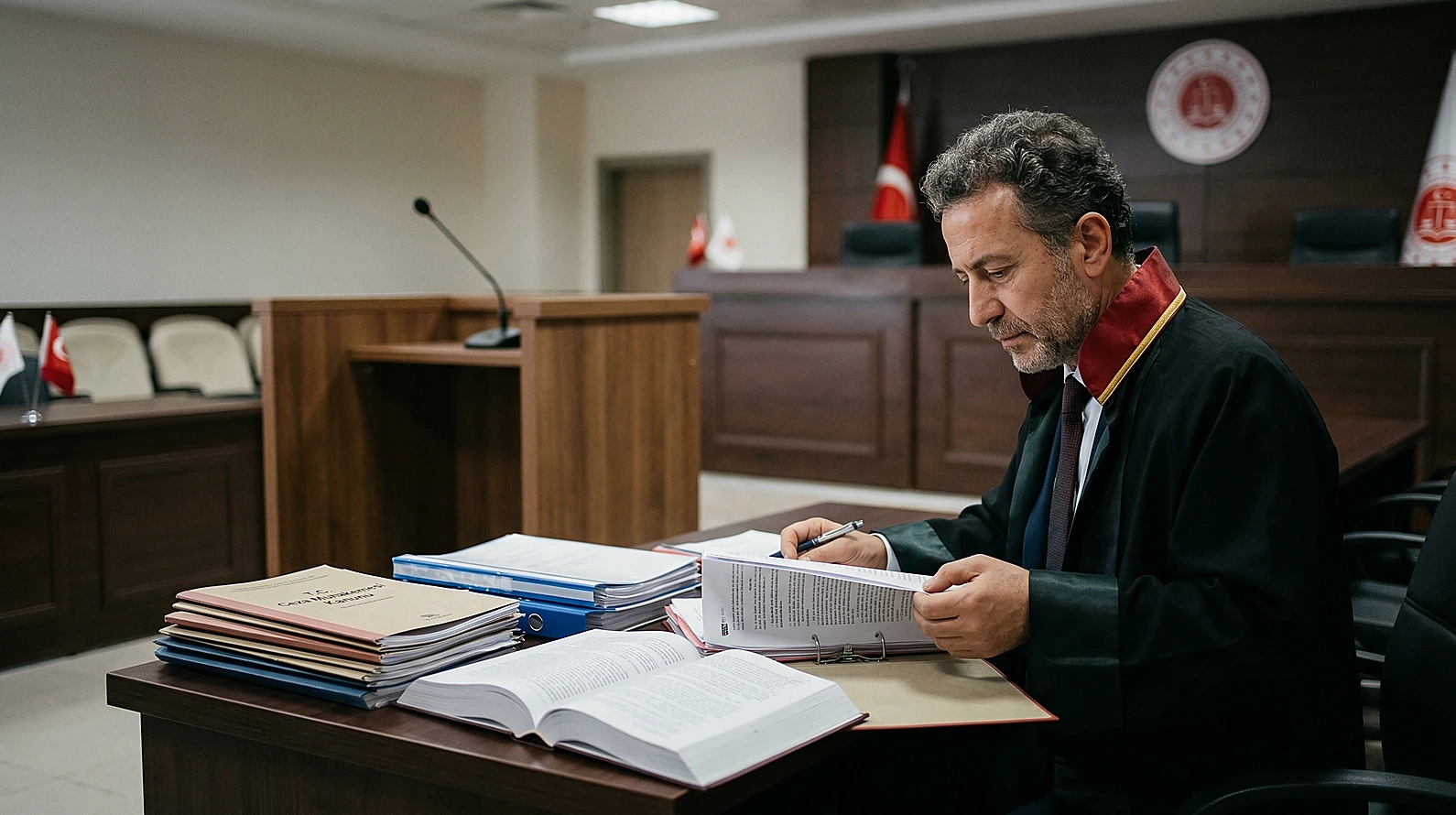 Duruşma salonunda boş sanık kürsüsü ve savunma yapan müdafi sembolize edilmiştir.