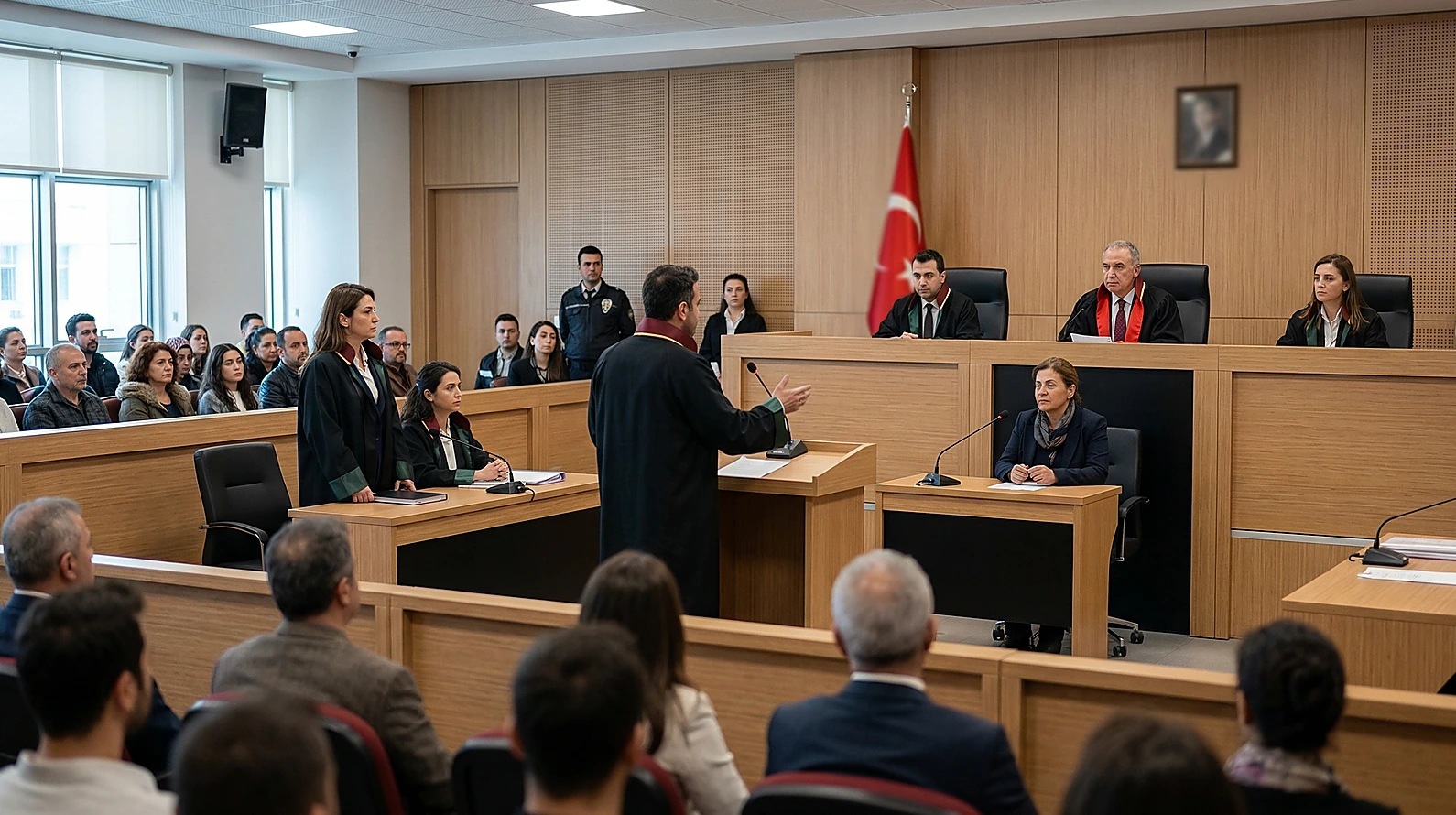 Ceza duruşmasında tanığa doğrudan soru sorma anı ve mahkeme heyeti.