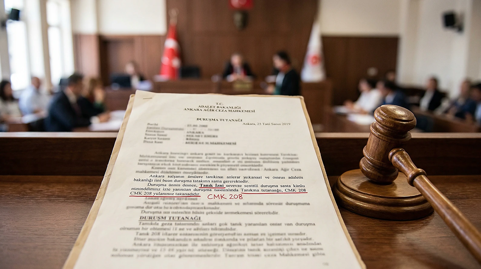 Duruşma tutanağı ve hakim tokmağı üzerinde CMK usul kuralları sembolü.