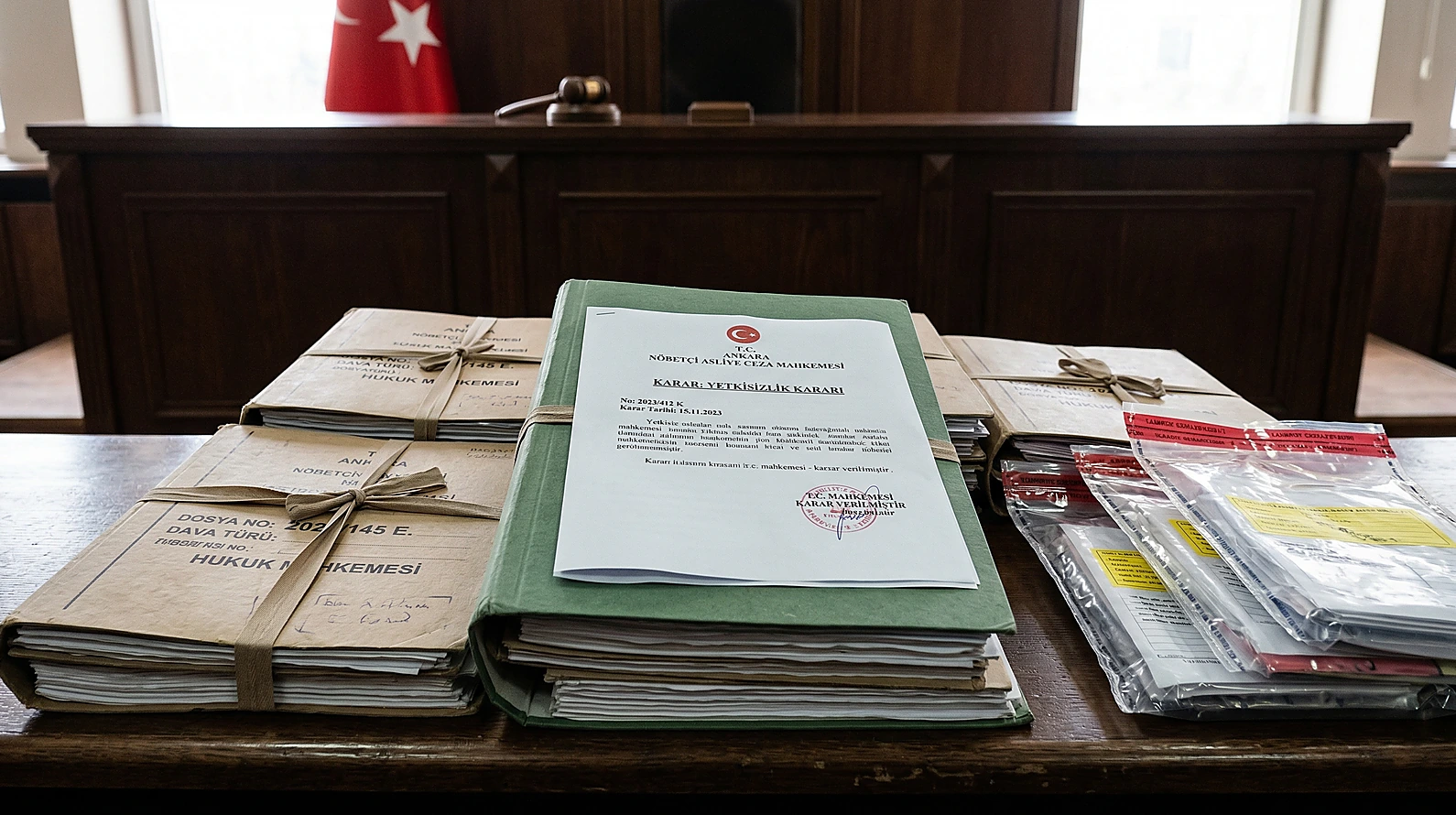 Mahkeme salonunda yetkisizlik kararı ve acele işlem gerektiren dava dosyaları.