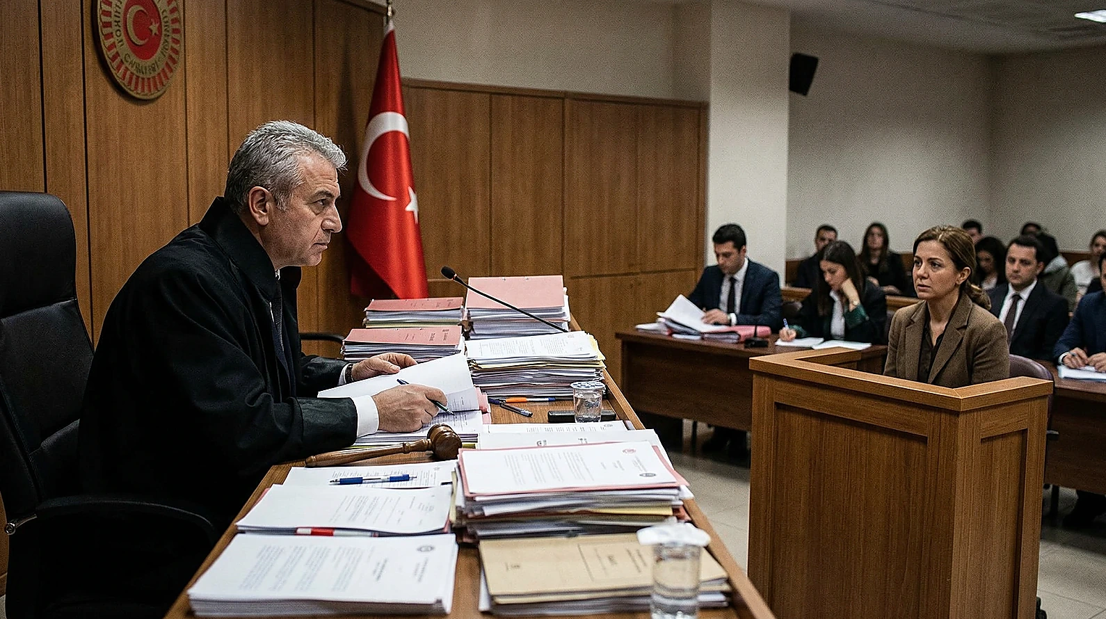 Mahkeme salonunda tanık ve hakim arasındaki doğrudan teması simgeleyen görsel.