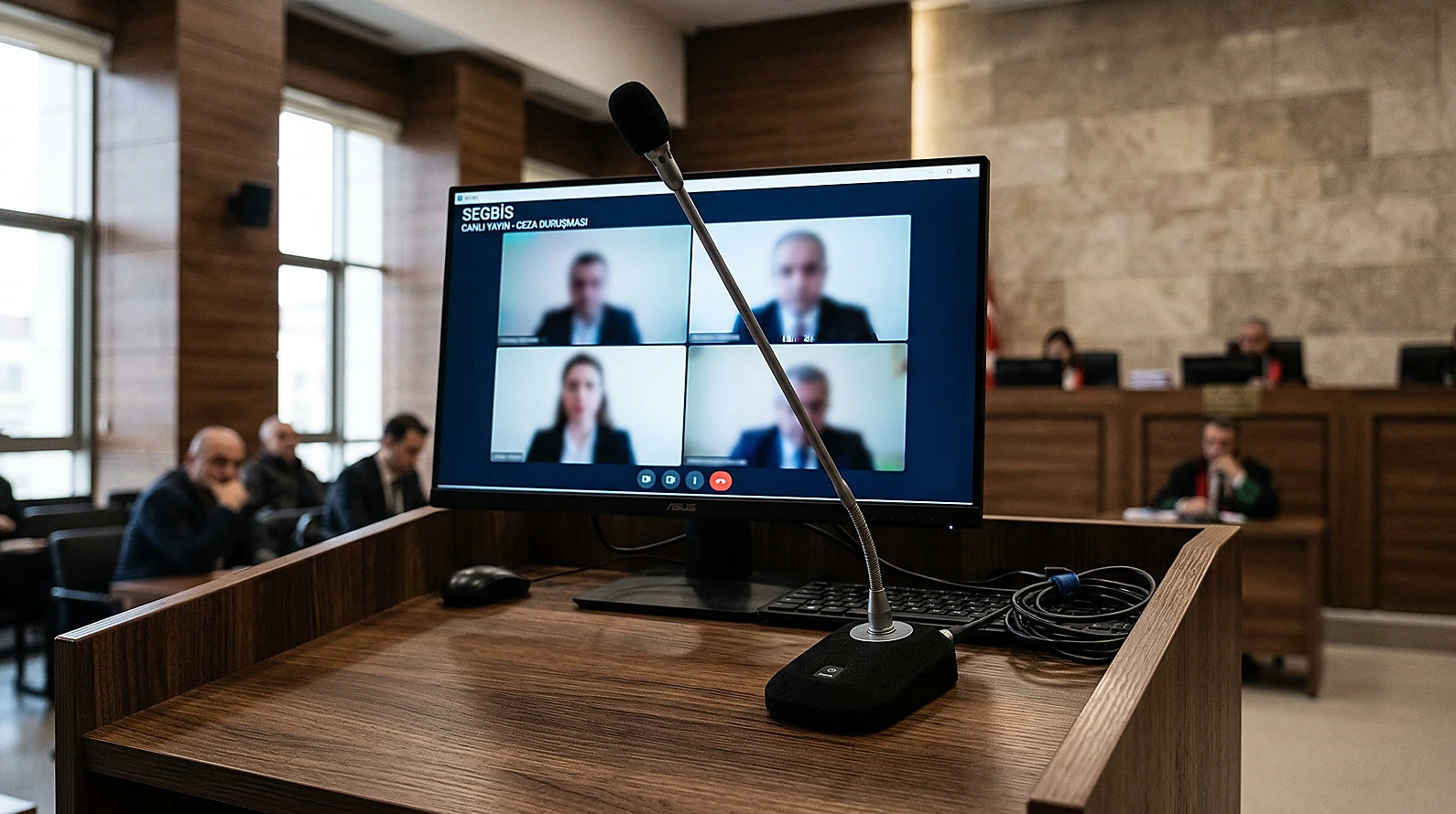 Duruşma salonundaki SEGBİS sistemi ve tanık dinleme donanımı.