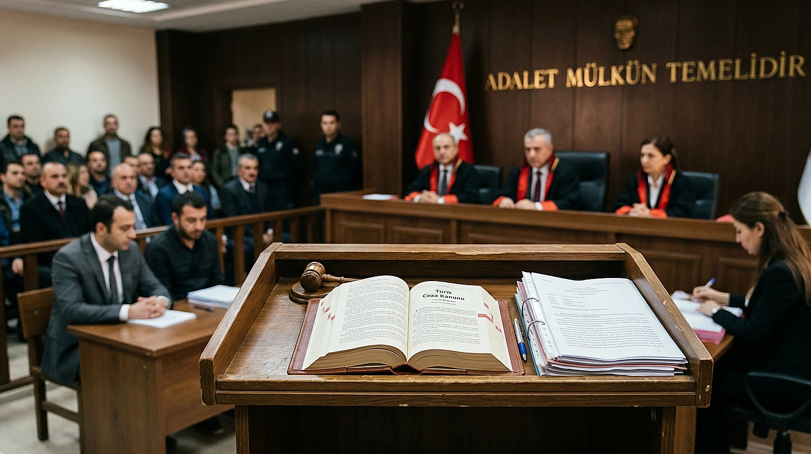 Ceza muhakemesi usul kurallarını temsil eden mahkeme kürsüsü ve kanun kitabı.