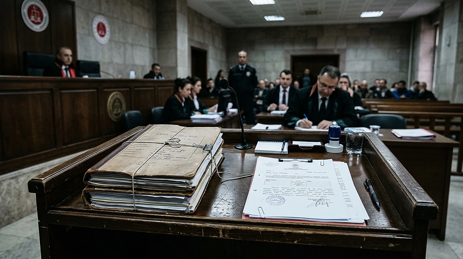 Ceza yargılamasında iddia makamını temsil eden mütalaa dosyası ve kürsü.