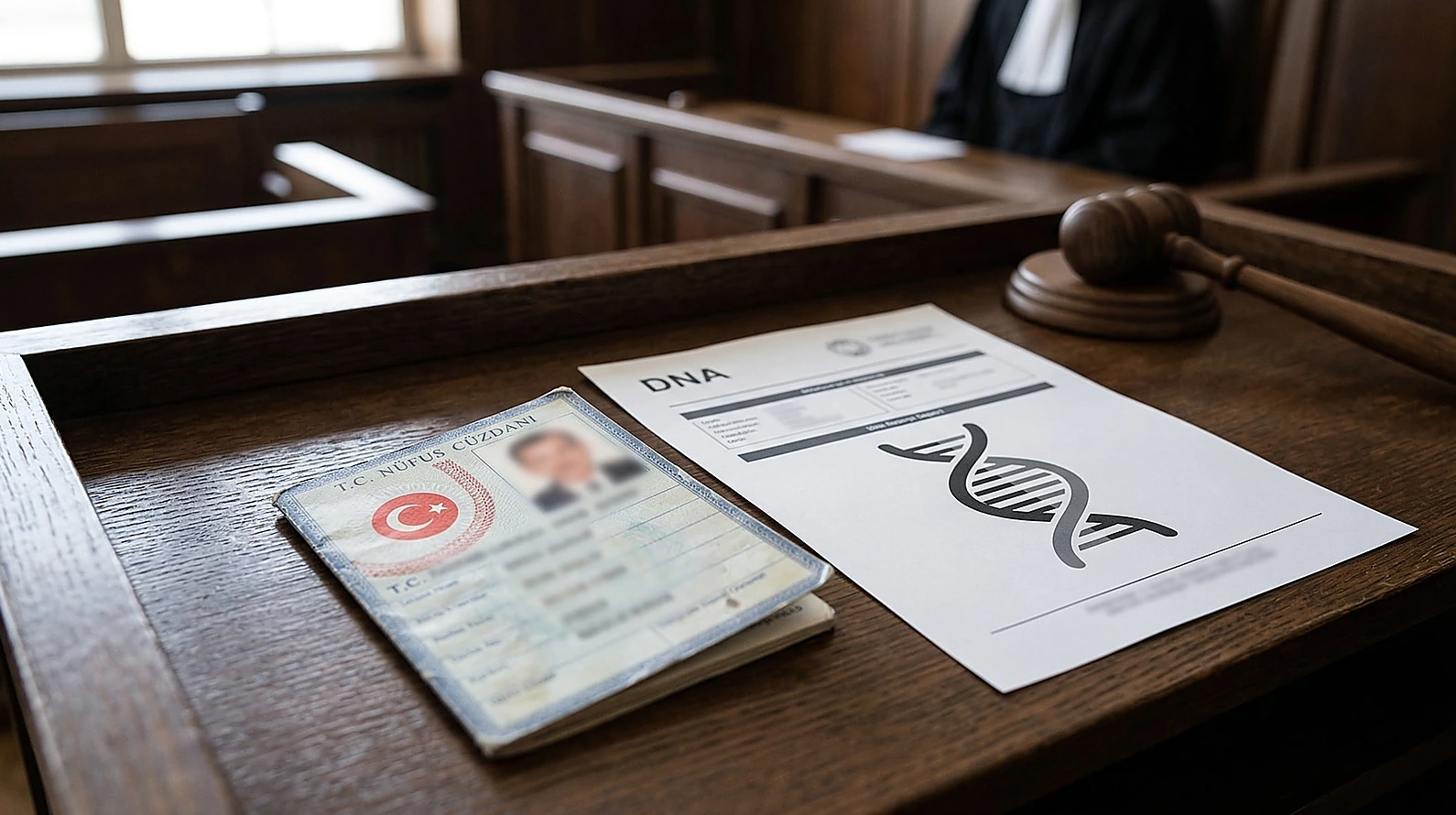 Mahkeme dosyasındaki DNA raporu ve nüfus kaydı belgelerinin temsili görseli.
