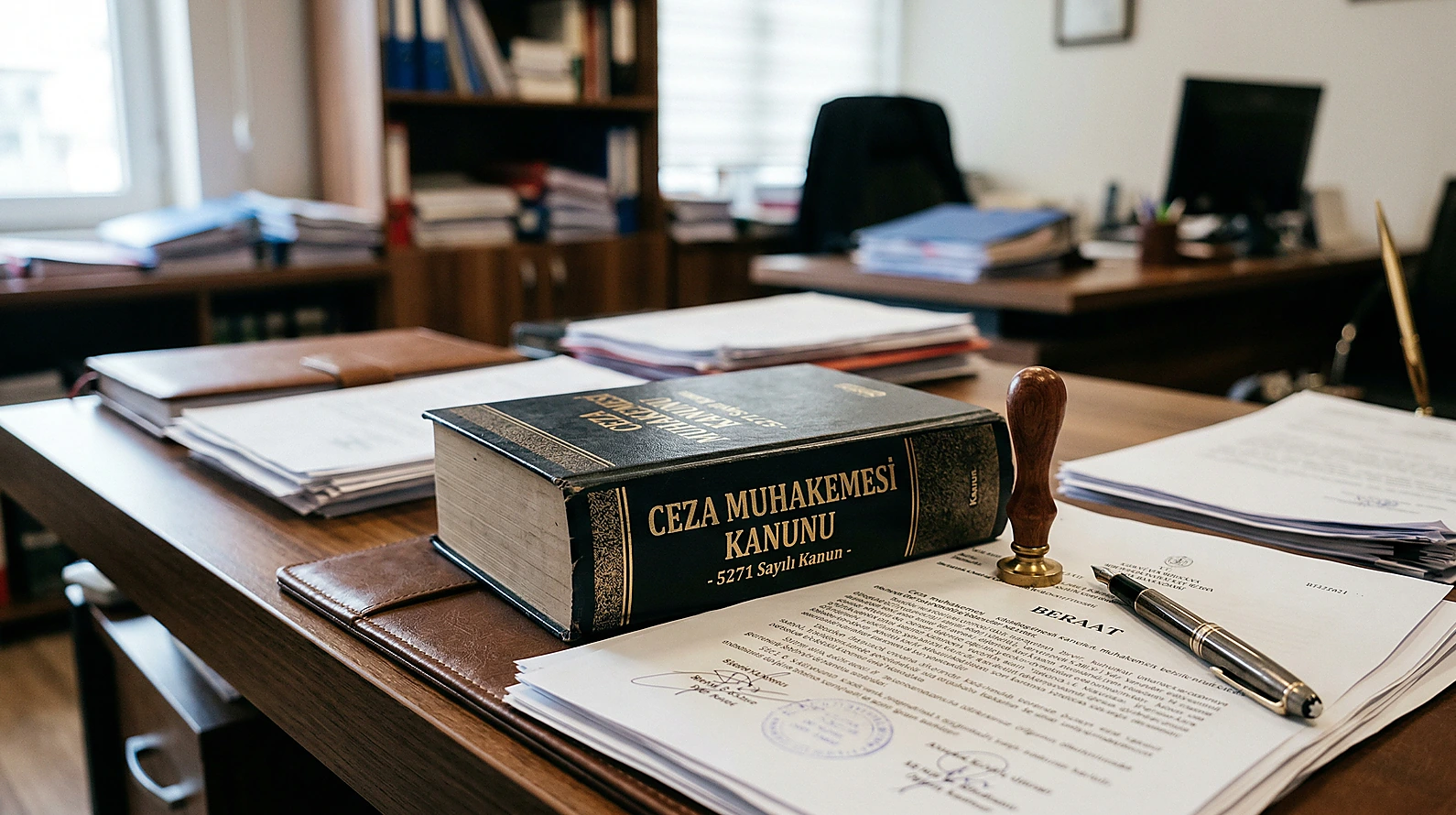 Ceza Muhakemesi Kanunu ve beraat kararını simgeleyen hukuk dökümanları.