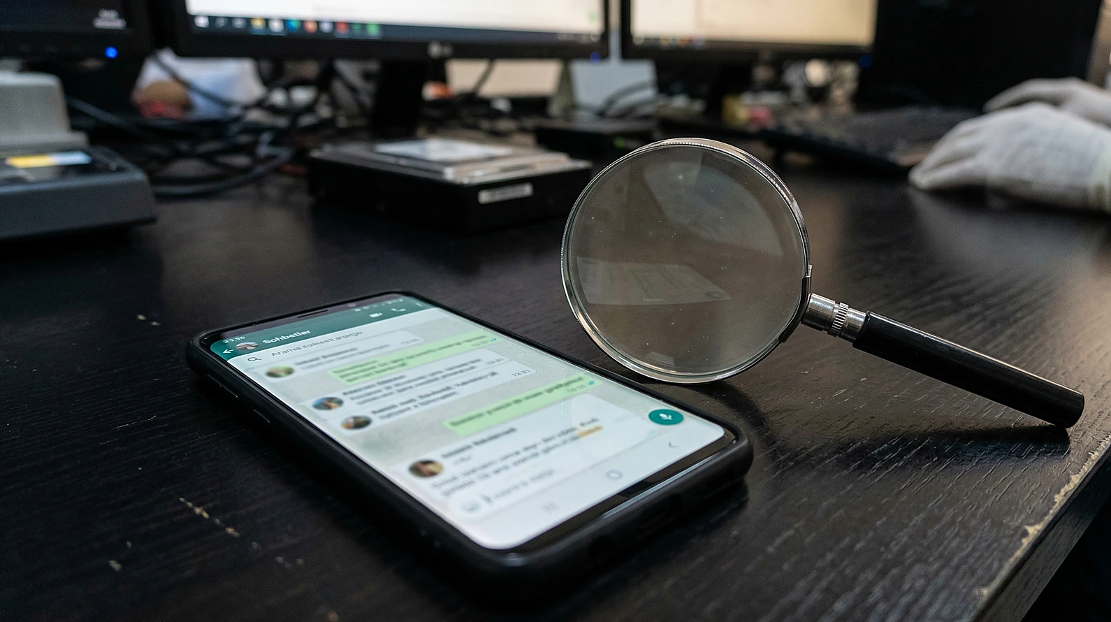 Dijital delillerin incelenmesini simgeleyen akıllı telefon ve büyüteç.