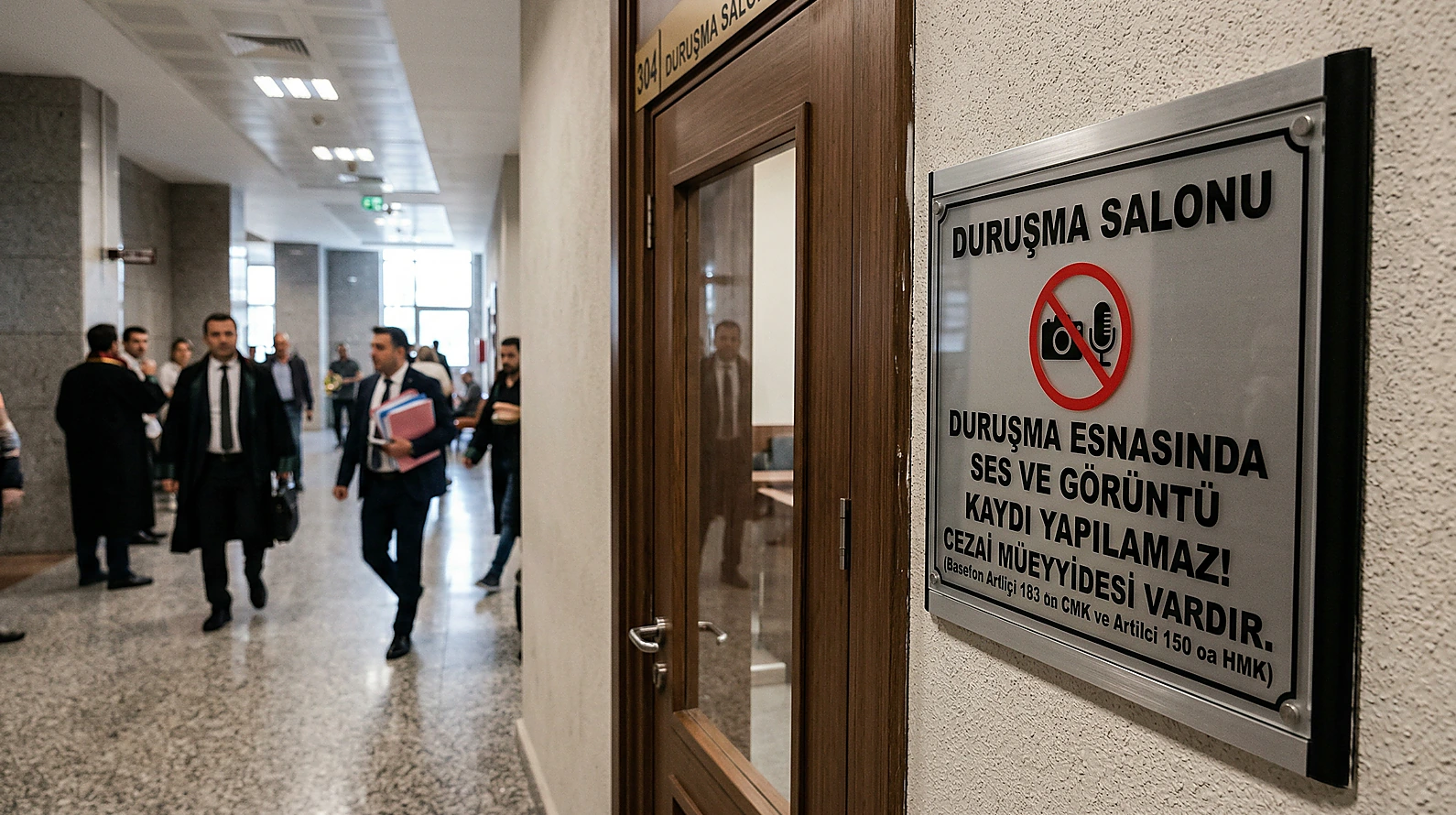 Duruşma salonu kapısında kayıt yasağı uyarı levhası.