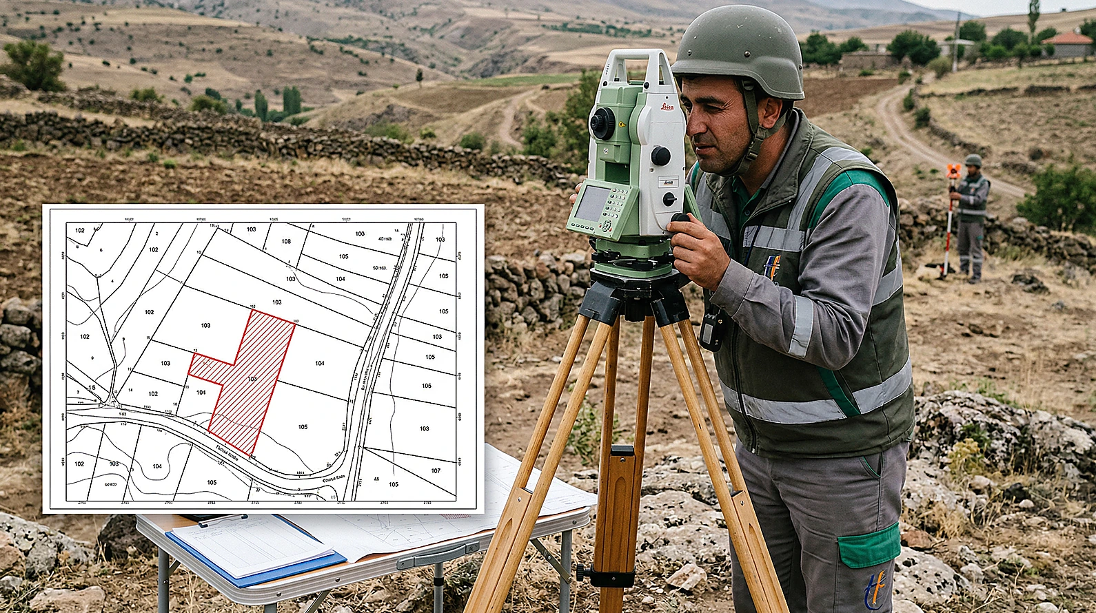 Kadastral ölçüm cihazı ve tecavüzlü alan sınırlarını gösteren teknik plan.