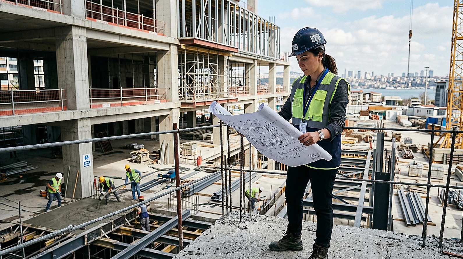 İnşaat projesinde muayene ve kontrol sürecini temsil eden teknik görsel.