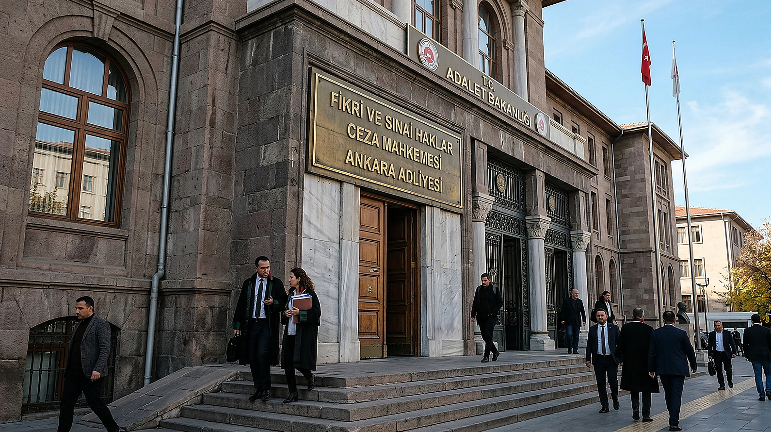 Fikri ve Sınai Haklar Ceza Mahkemesi giriş tabelası ve adliye binası.