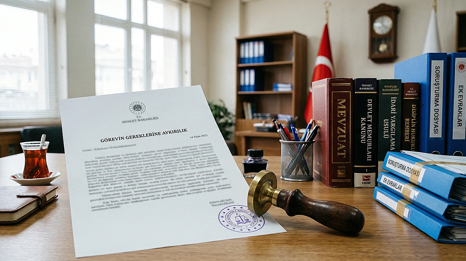 Görevin gereklerine aykırı icrai hareketleri simgeleyen resmi evrak ve mühür detayı.