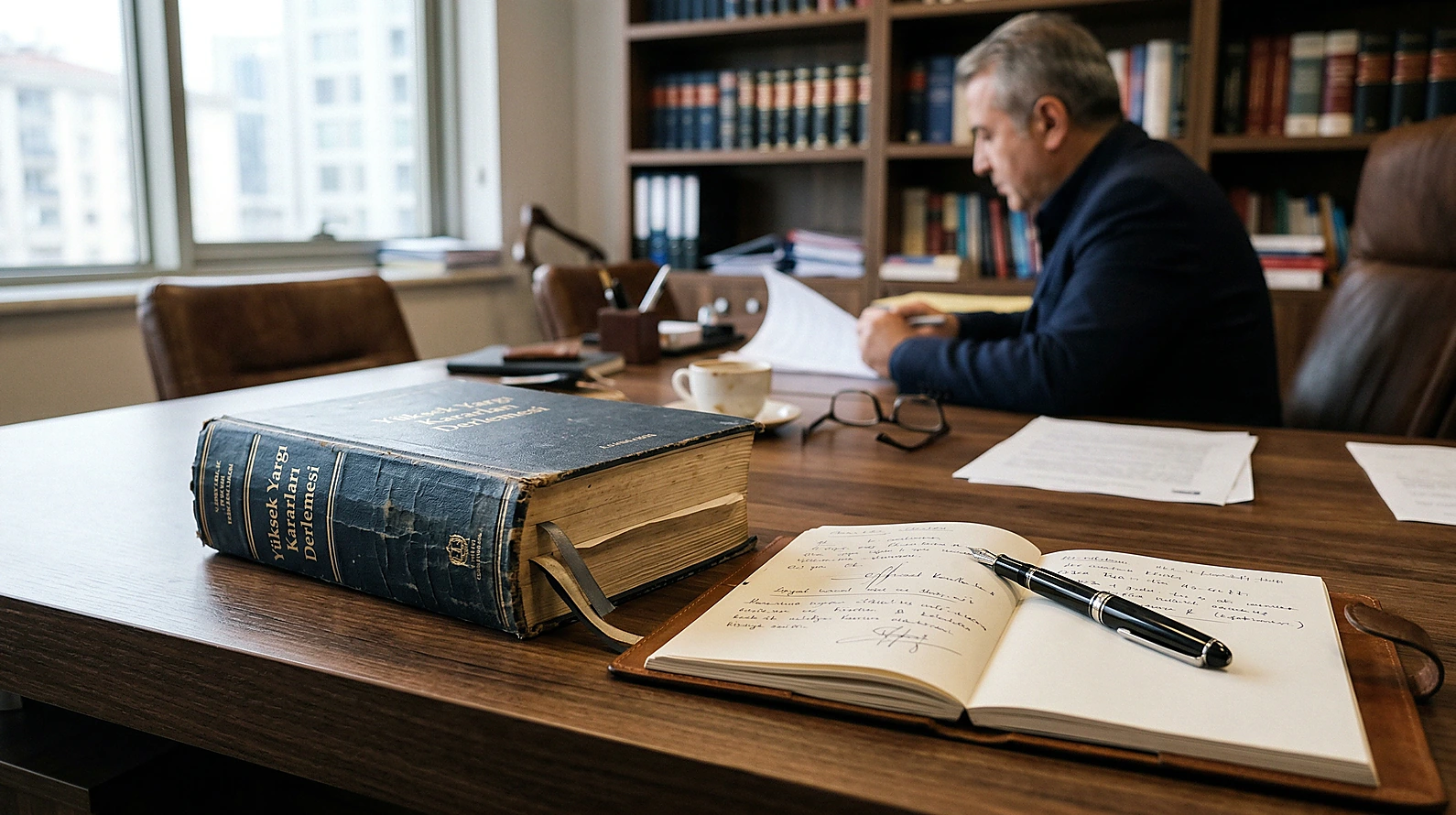Hukuki savunma stratejisi ve içtihat analizini simgeleyen çalışma masası.
