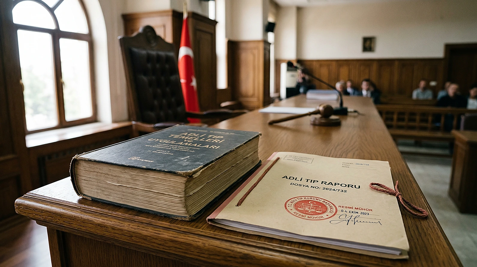 Mahkeme huzurundaki tıbbi bilirkişi raporu ve hukuk kitapları.