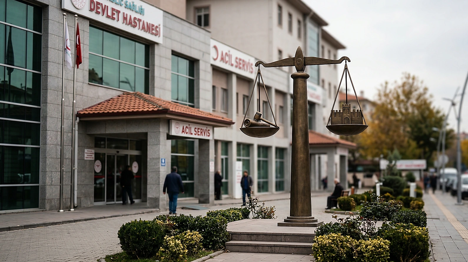 Kamu görevlisi hekimlerin yargılanma usulünü simgeleyen adliye ve hastane konsepti.