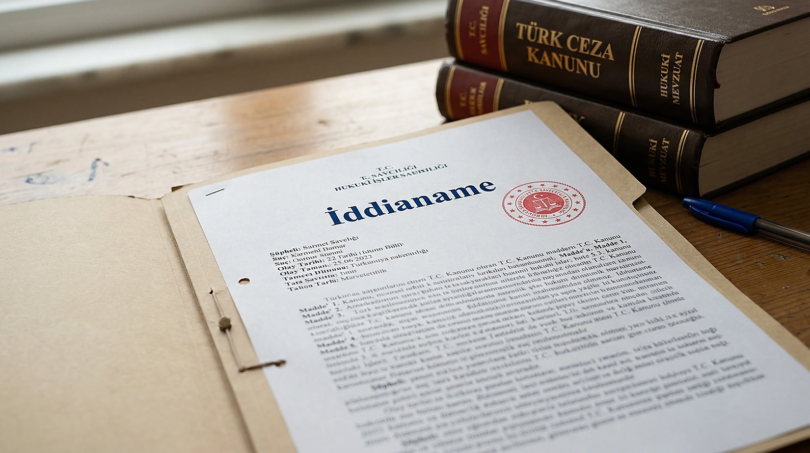 İddianamenin yasal unsurlarını temsil eden profesyonel hukuk dosyası görünümü.