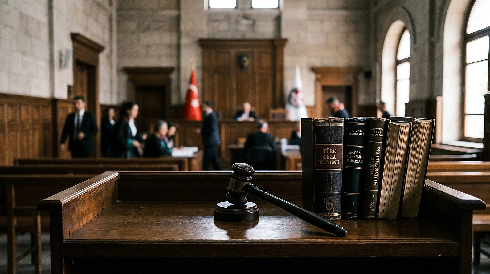 Hukuki riskler ve yargı otoritesini simgeleyen karar çekici görseli.