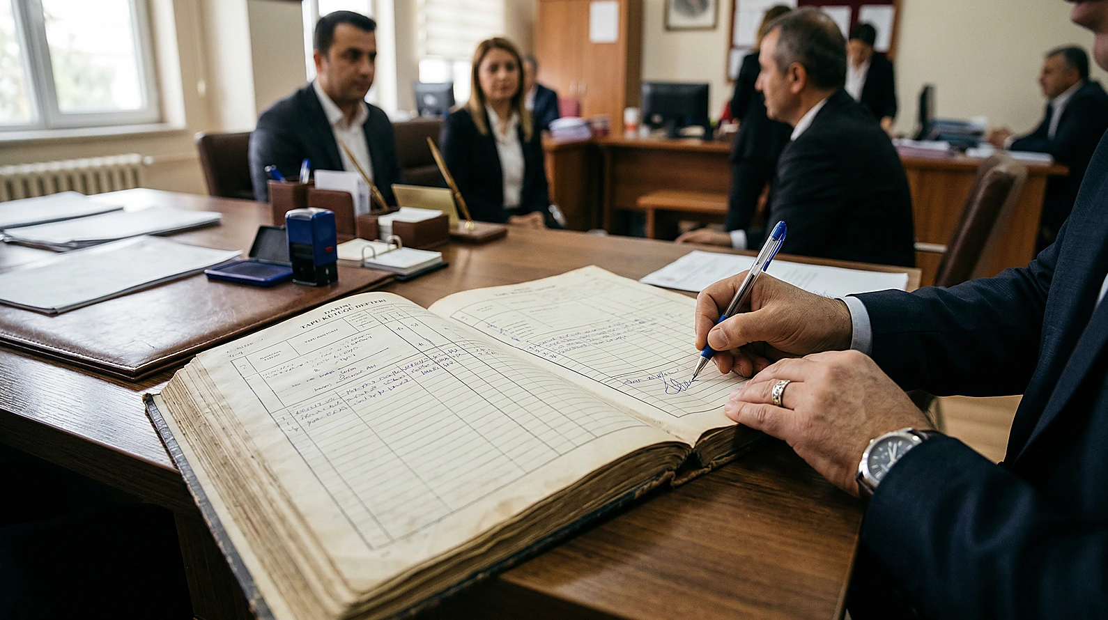 Tapu tescil süreci ve resmi senet düzenlenmesini simgeleyen editoryal görsel.