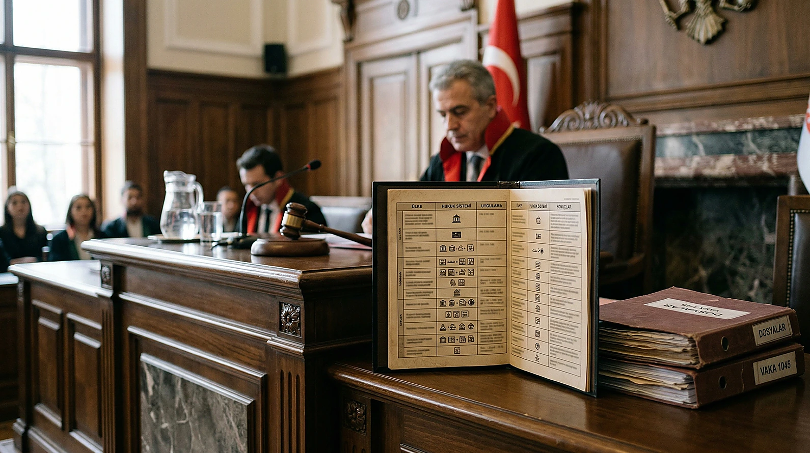 Mahkeme salonu detay görseli, hukuk dosyaları.