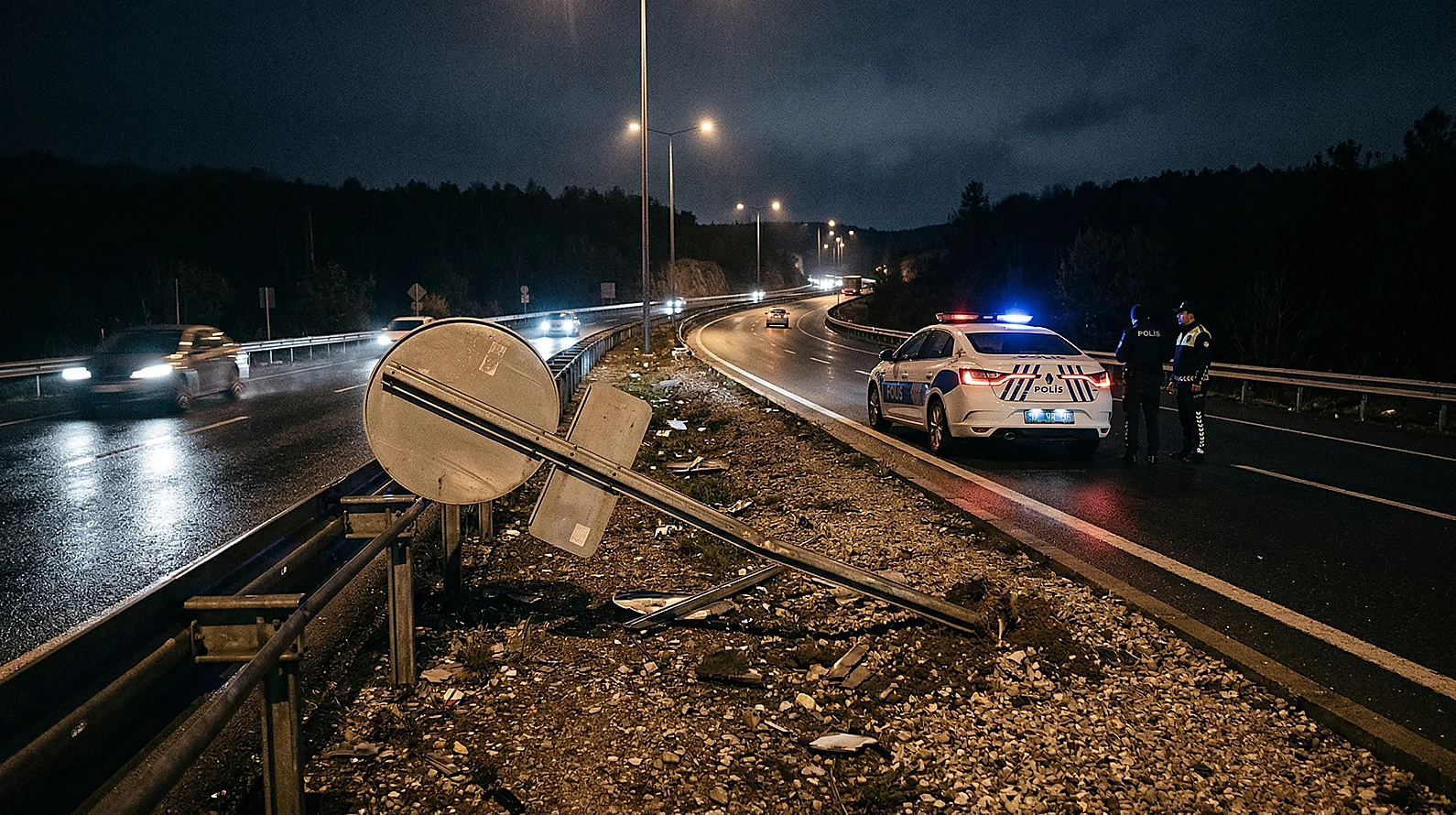 Sökülmüş trafik levhası ve emniyet tedbirleri.