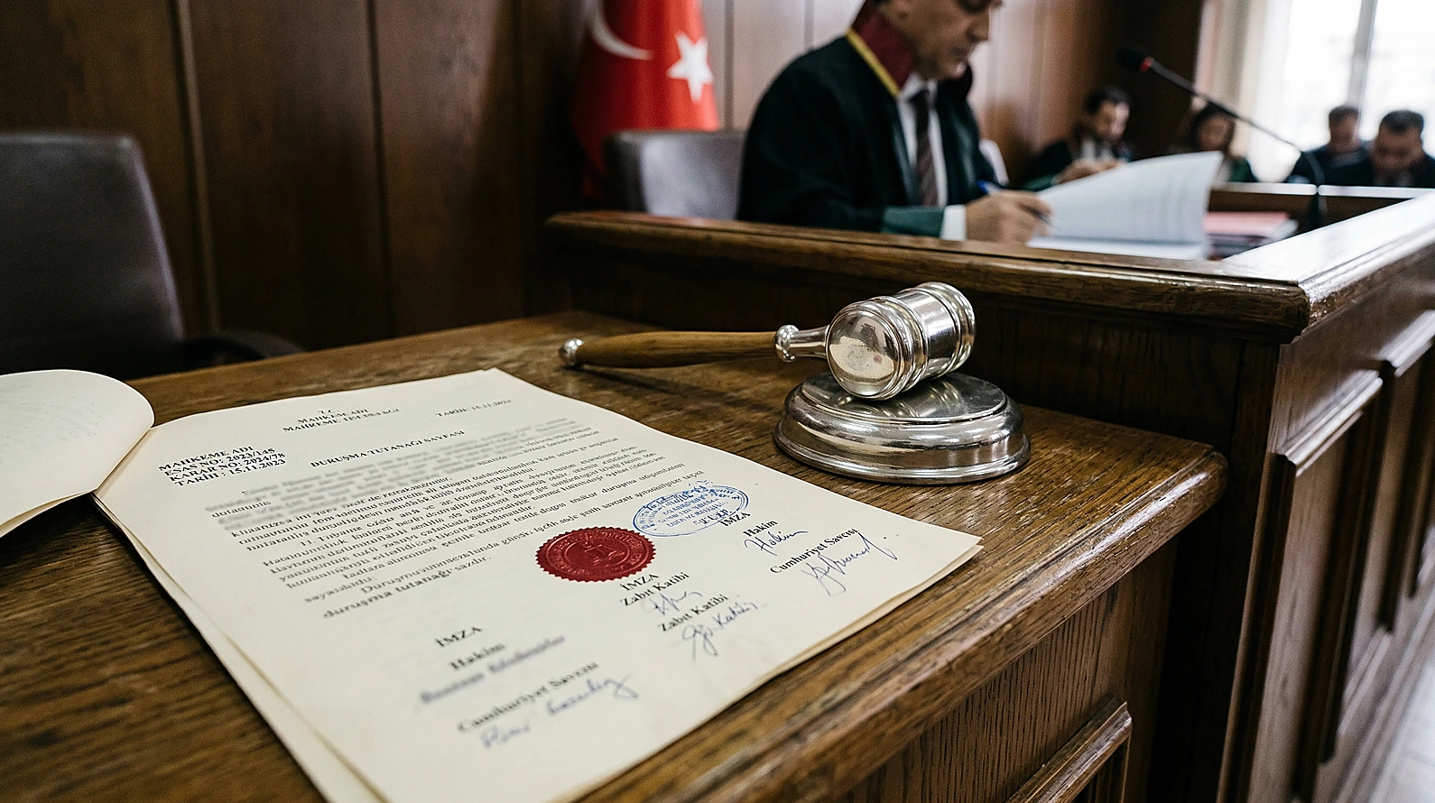 Katılma usulünü ve duruşma tutanağını temsil eden mahkeme kürsüsü detayı.