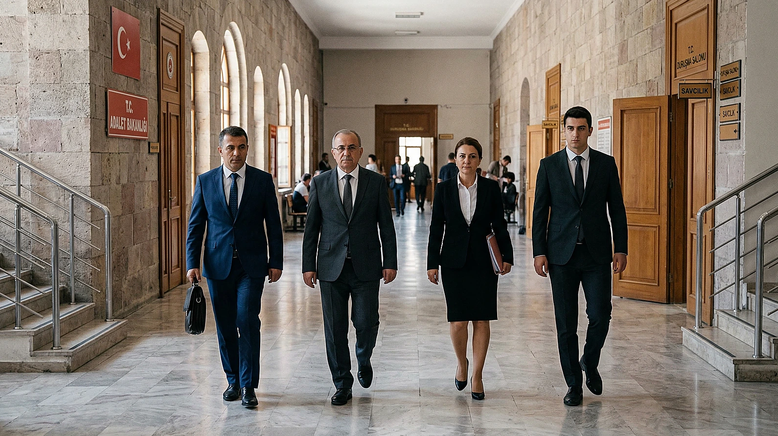 Kamu görevlilerinin toplu hareketini temsil eden adliye koridoru sahnesi.