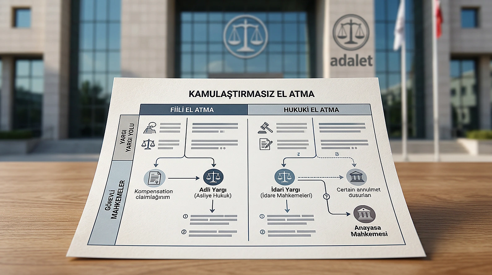 Hukuki ve fiili el atma davalarında görevli yargı yolu karşılaştırması.