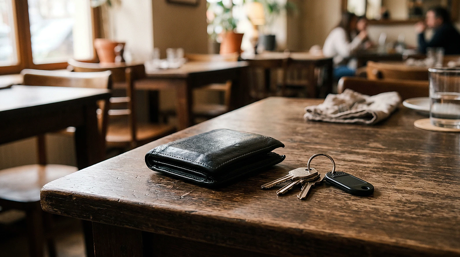 Restoran masasında unutulmuş cüzdan ve anahtarlık görseli.