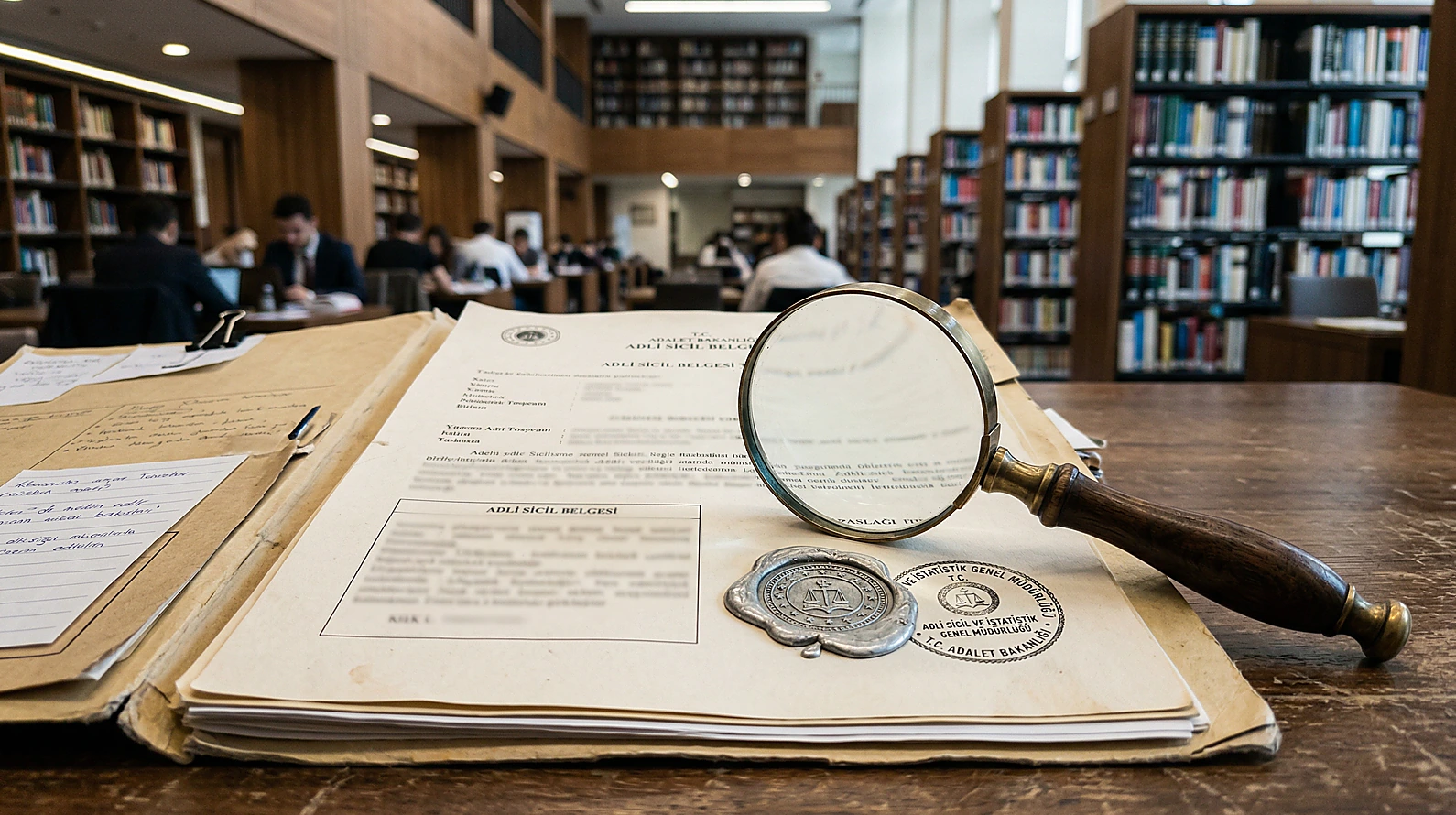 Adli sicil arşiv kaydı incelemesini temsil eden büyüteç ve dosya görseli.