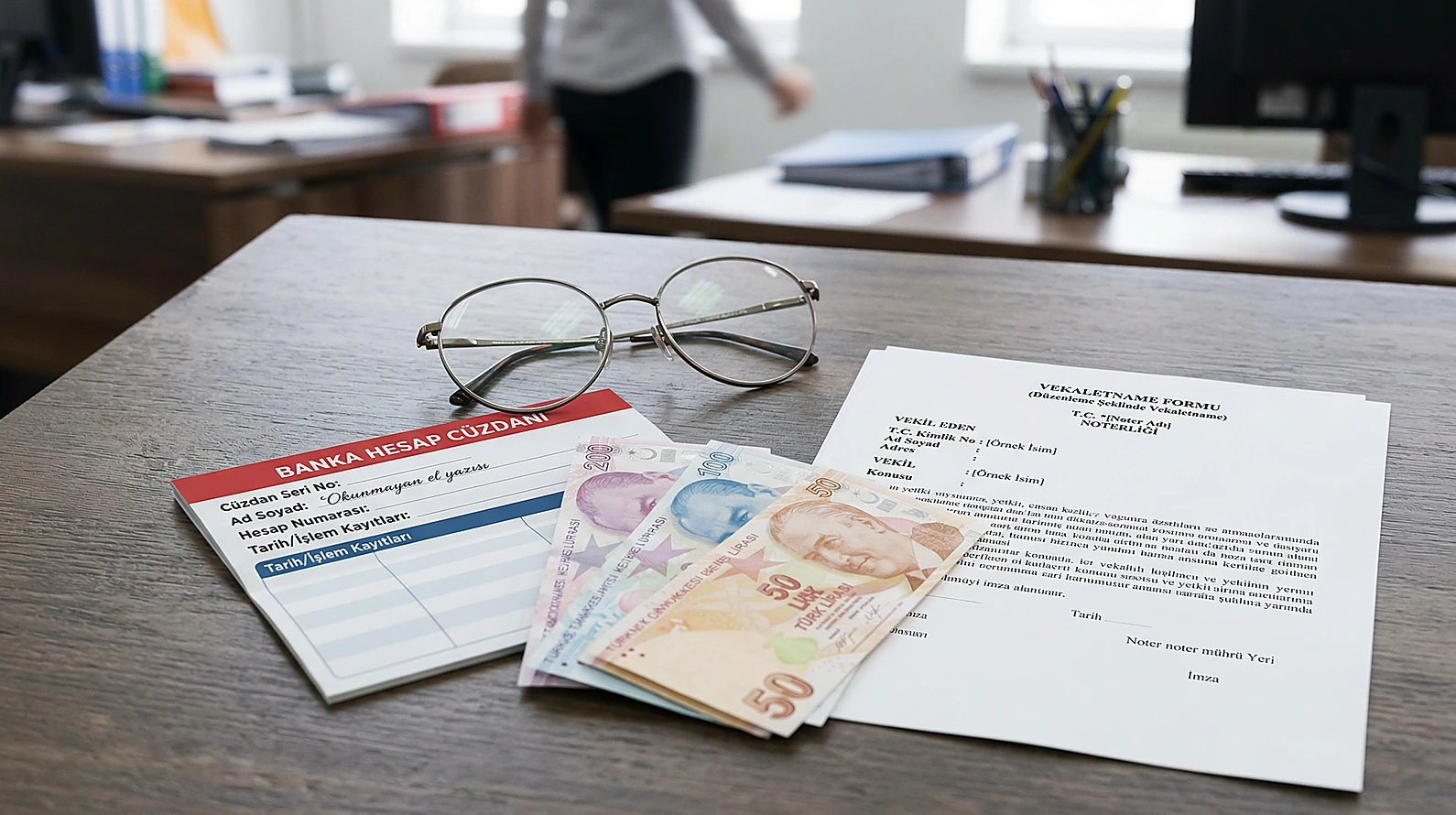 Banka hesap cüzdanı ve vekaletname içeren finansal hukuk görseli.