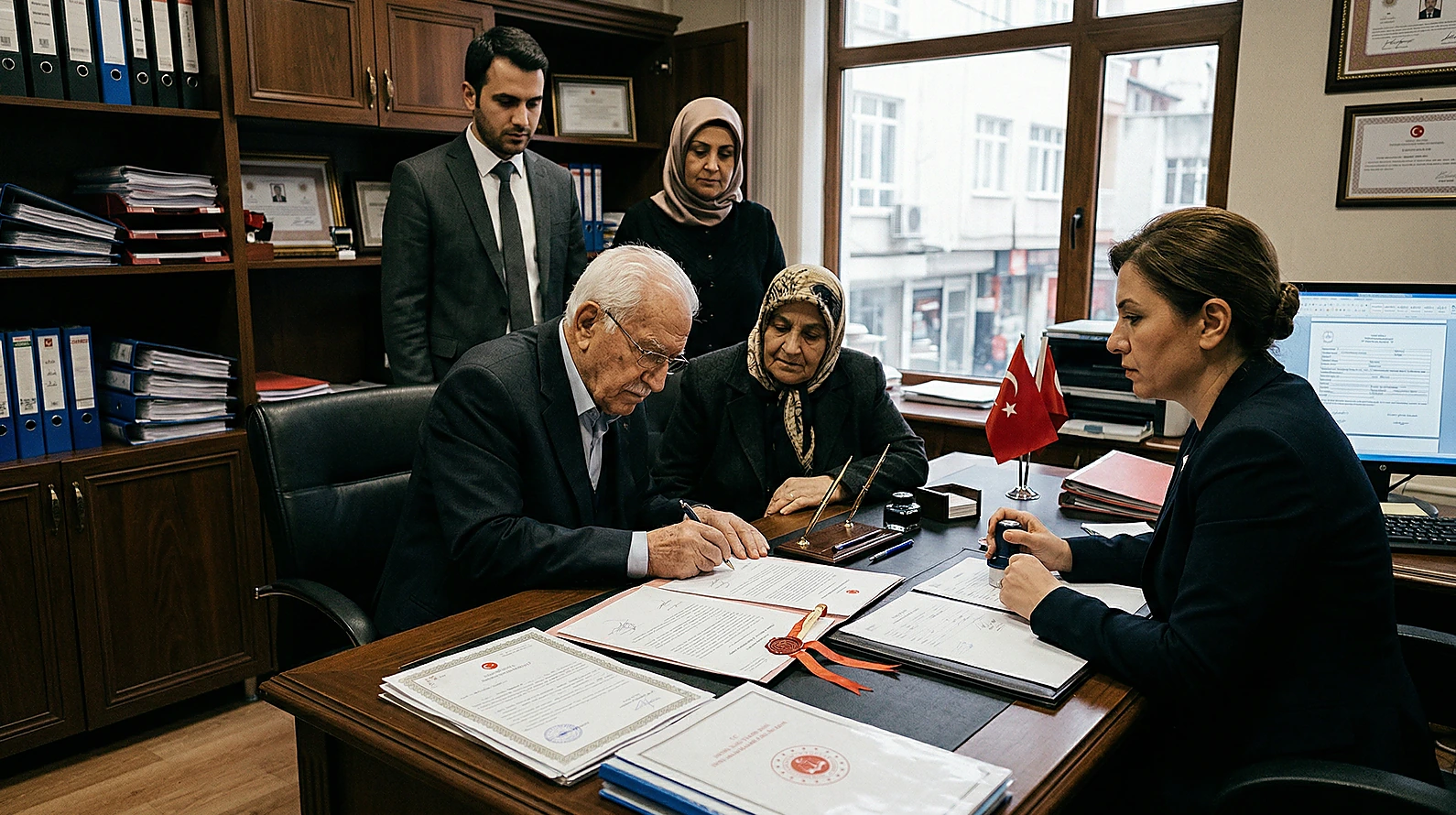 Noter huzurunda miras sözleşmesi imza süreci ve resmi evraklar.