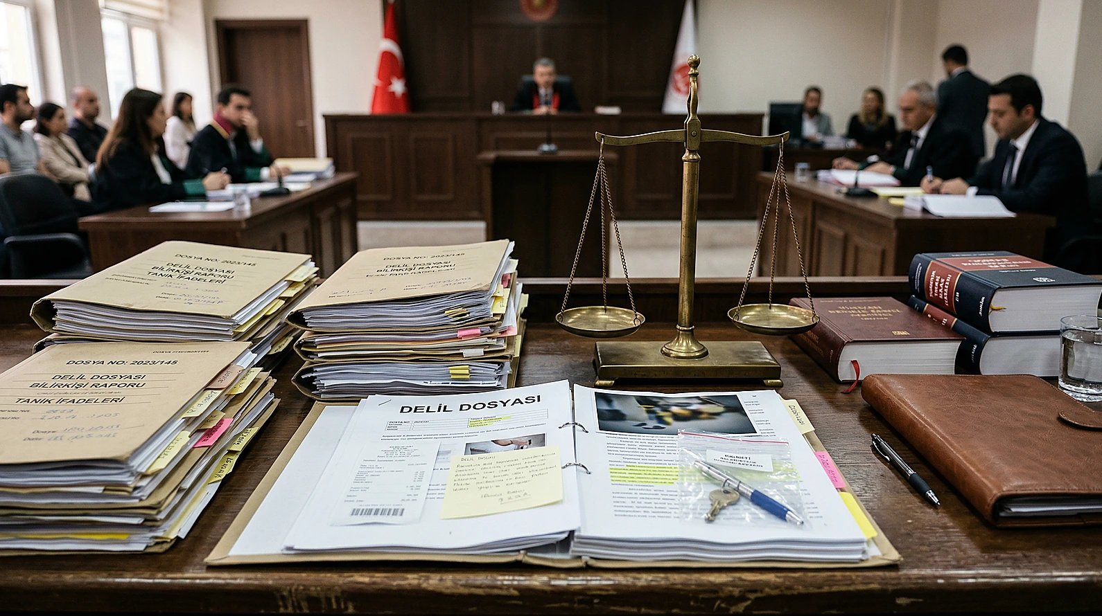 Hukuk davasında ispat yükü ve delil değerlendirmesini simgeleyen adli belgeler.