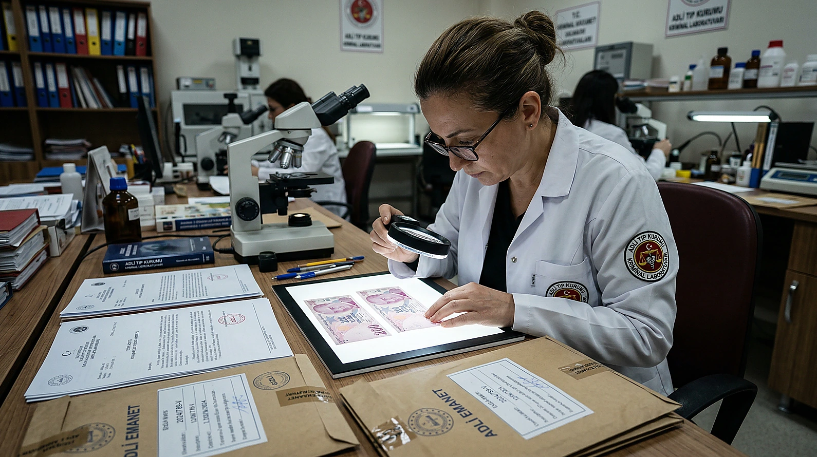Kriminal laboratuvarda sahte banknotların iğfal kabiliyeti incelemesi.