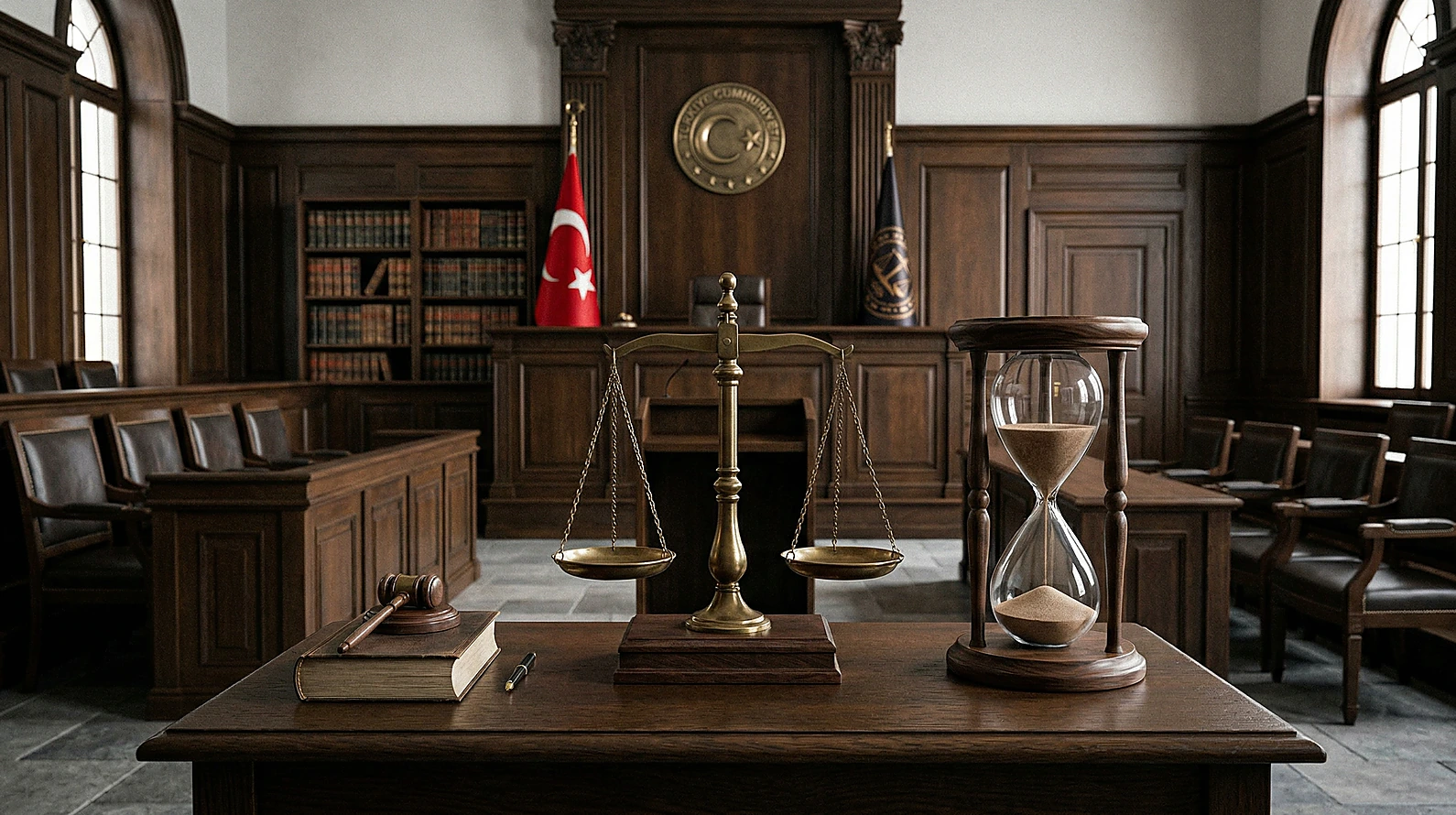 Dava süreci ve zaman aşımını simgeleyen adalet terazisi ve kum saati.