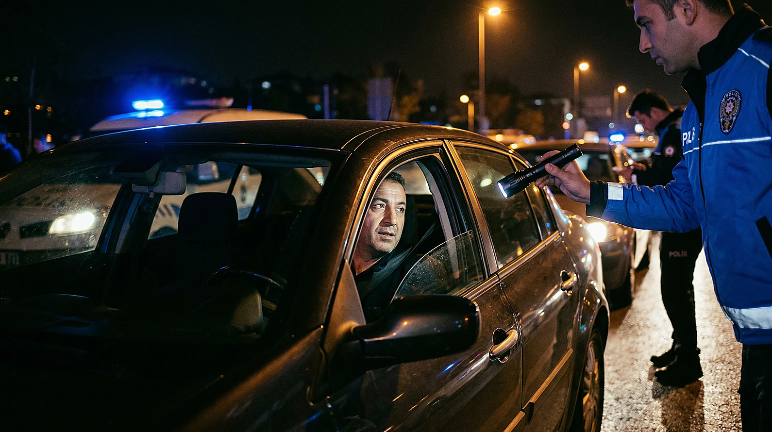 Araçlarda polisin dışarıdan gözle kontrol işlemini temsil eden görsel.