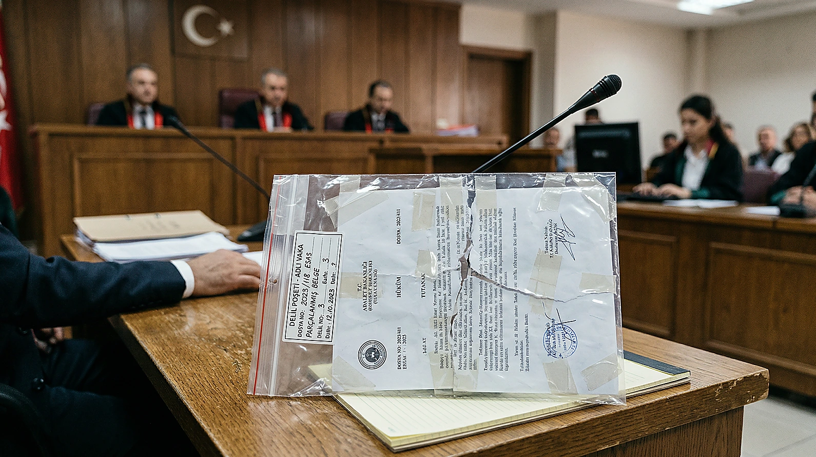 Mahkemede delil olarak sunulan parçaları birleştirilmiş yırtık resmi belge.