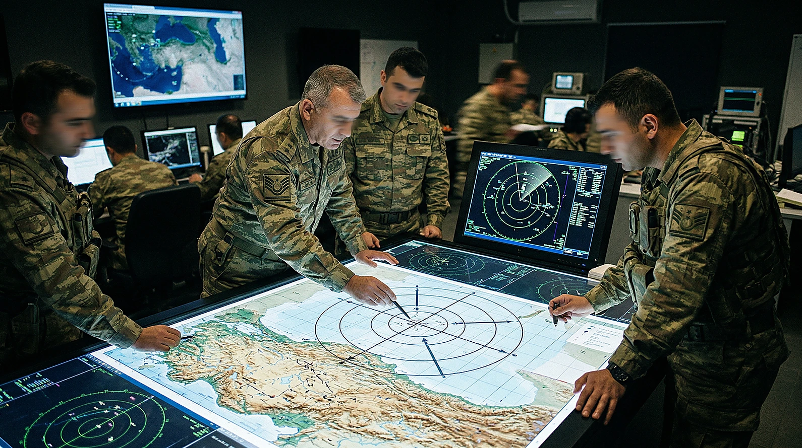 Askeri operasyon odasında stratejik analiz ve hedef tespiti görünümlü teknik görsel.