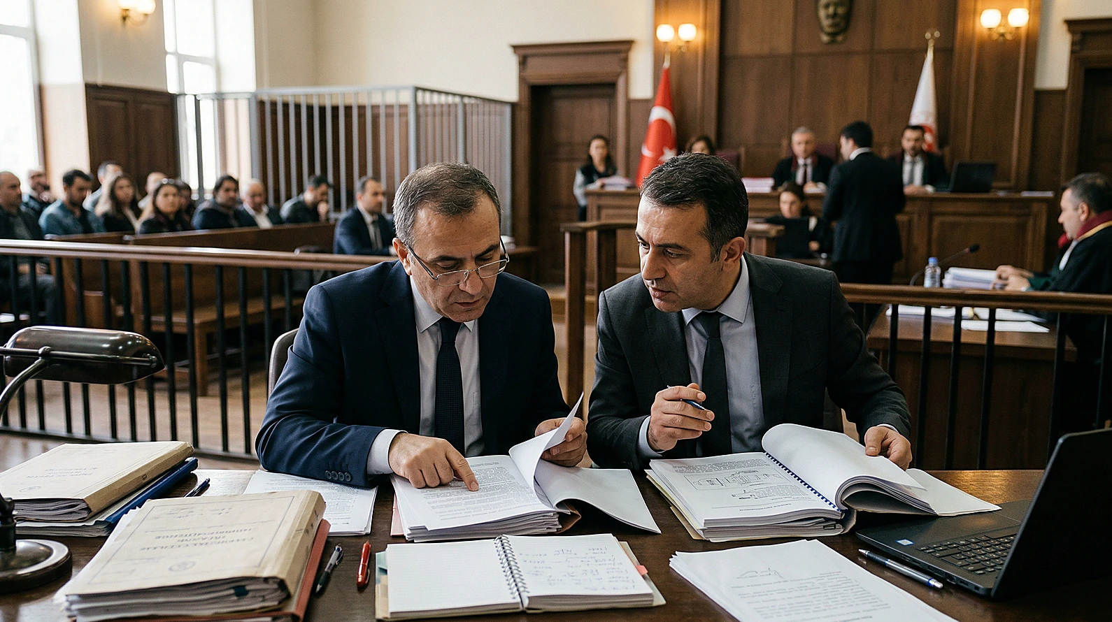 Mahkeme salonunda ceza yargılaması ve savunma hazırlığını temsil eden hukuki görsel.