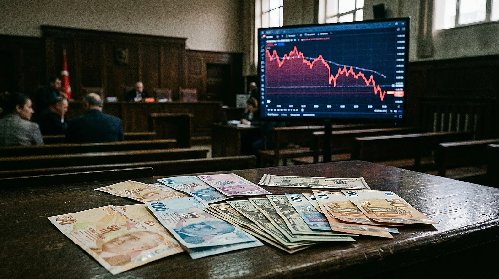 Ekonomik sabotaj suçunu simgeleyen borsa grafiği ve para görseli.