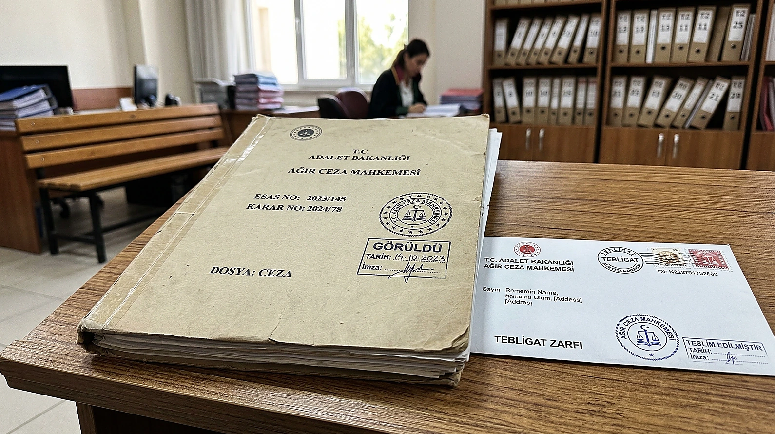 Ağır Ceza Mahkemesi dosyasını ve tebligat zarfını gösteren görsel.