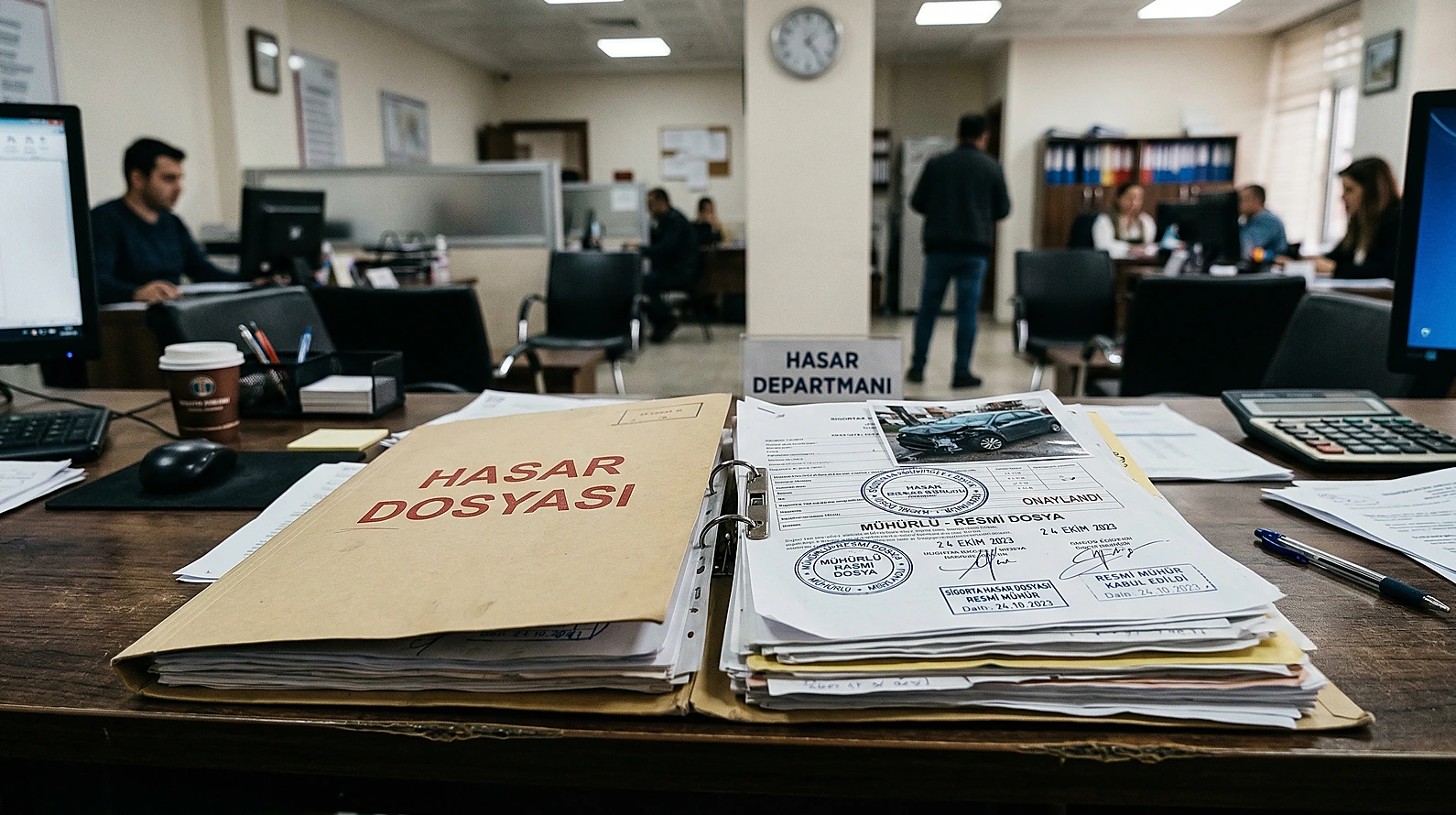 Sigorta hasar başvuru dosyası ve resmi evrakların masa üzerindeki görünümü.
